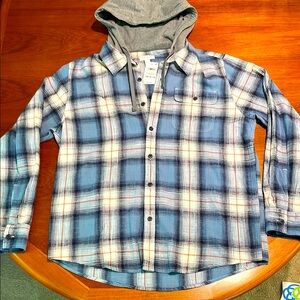 Sun + Stone blue plaid hooded flannel button down shirt size Large